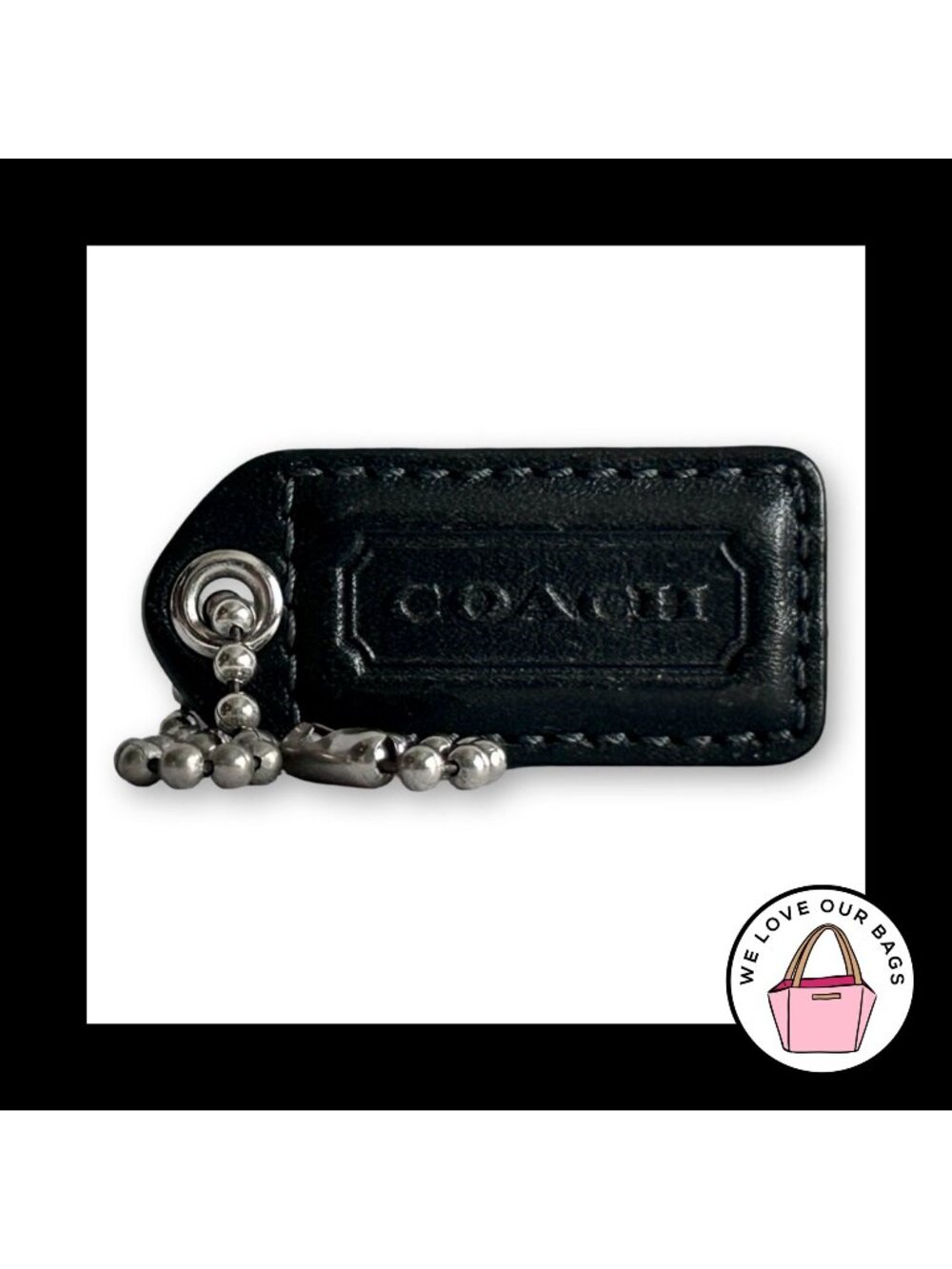 COACH Y2K VINTAGE Hang Tag 2" Black Leather Bag Charm Keychain Fob Nickel Medium